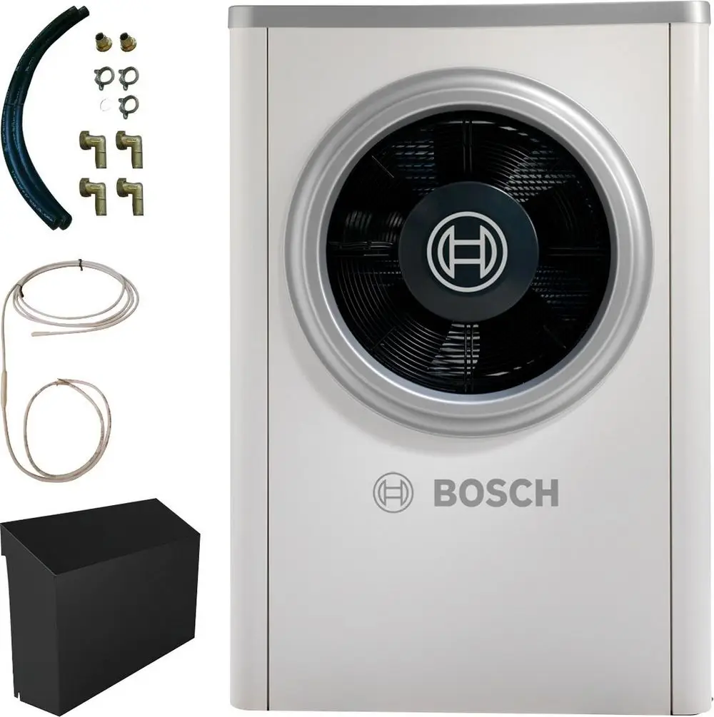 Weiße Außeneinheit von Bosch mit einem großen Ventilator, umgeben von verschiedenen Halterungen, Rohren und Zubehörteilen für die Installation.